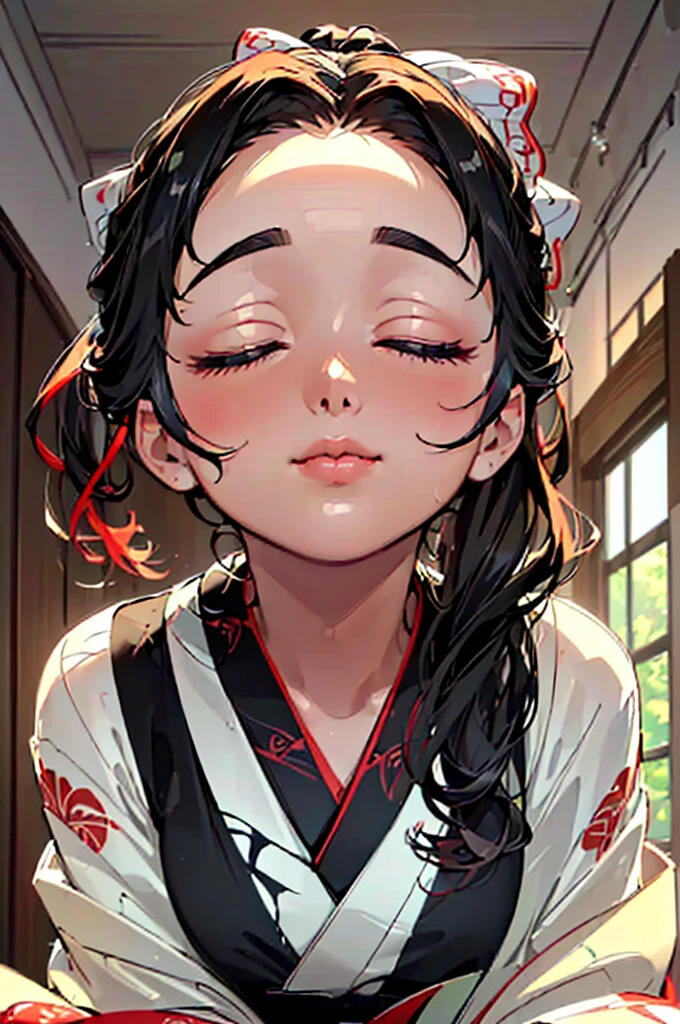 ((((High resolution, Intricate details, masterpiece, 8k, from front, Full Color)))), (((beautiful, Eyes closed, Focus on the face, incoming kiss, kimono))), ((One Woman, light smile, Red cheeks,)), (Black Hair, Beautiful forehead, Long Hair, ponytail, Big ribbon, Glowing Skin), from front, looking at viewer, look at viewer, indoor,