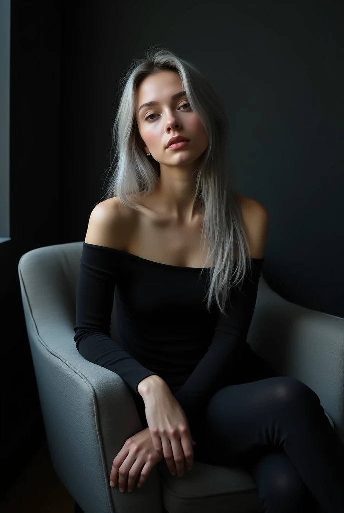 Girl sits elegantly on a modern soft chair, looks straight, Sits up straight, Against the background of a dark room, black off shoulder top, light gray long hair, good lighting, realistically, photo