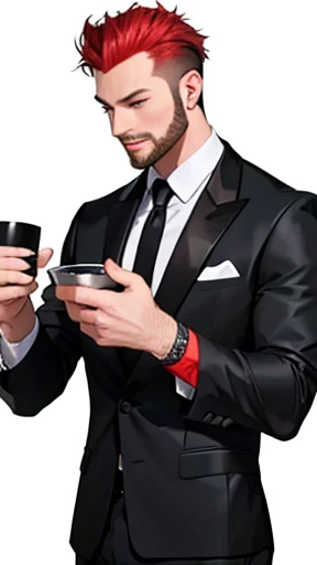 alone、Spiky short hair、Black suit、Black tie、A young man with red hair, (((Stubble))),I had a cup