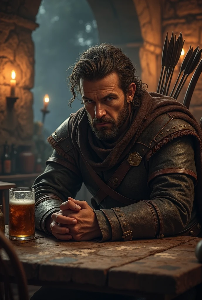 a poor 25 year old peasant from world of warcraft, sitting in a tavern drinking beer, wearing a gray coat with a white collar, with a dirty unkempt face and messy black hair, detailed face and expression, dramatic lighting, cinematic, highly detailed, award winning digital art, artstation, greg rutkowski, conceptart