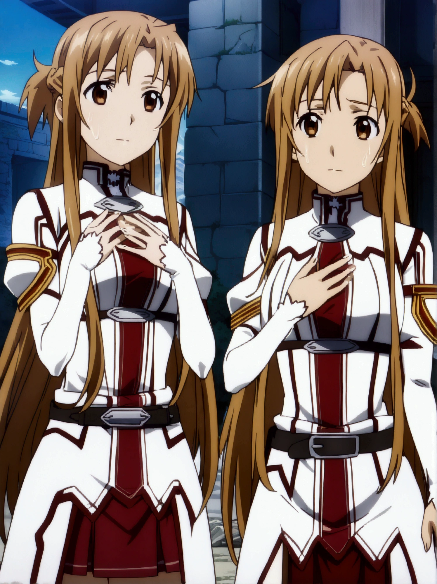 (((asuna, anime art style, long_hair, skirt, brown_hair, brown_eyes, very_long_hair, belt))),(((Asuna and the others feel like lovers, and each places their hand on the other's chest to express their feelings of longing.))) , urban battlefield, ruins, night sky, depth of field, cinematic, game cg, anime screencap, official art, masterpiece, best quality,  (((cloned face)))
(((similar identical twins)))
All the girls have the exact same face, The two have the same face and figure, as if they were mirror images