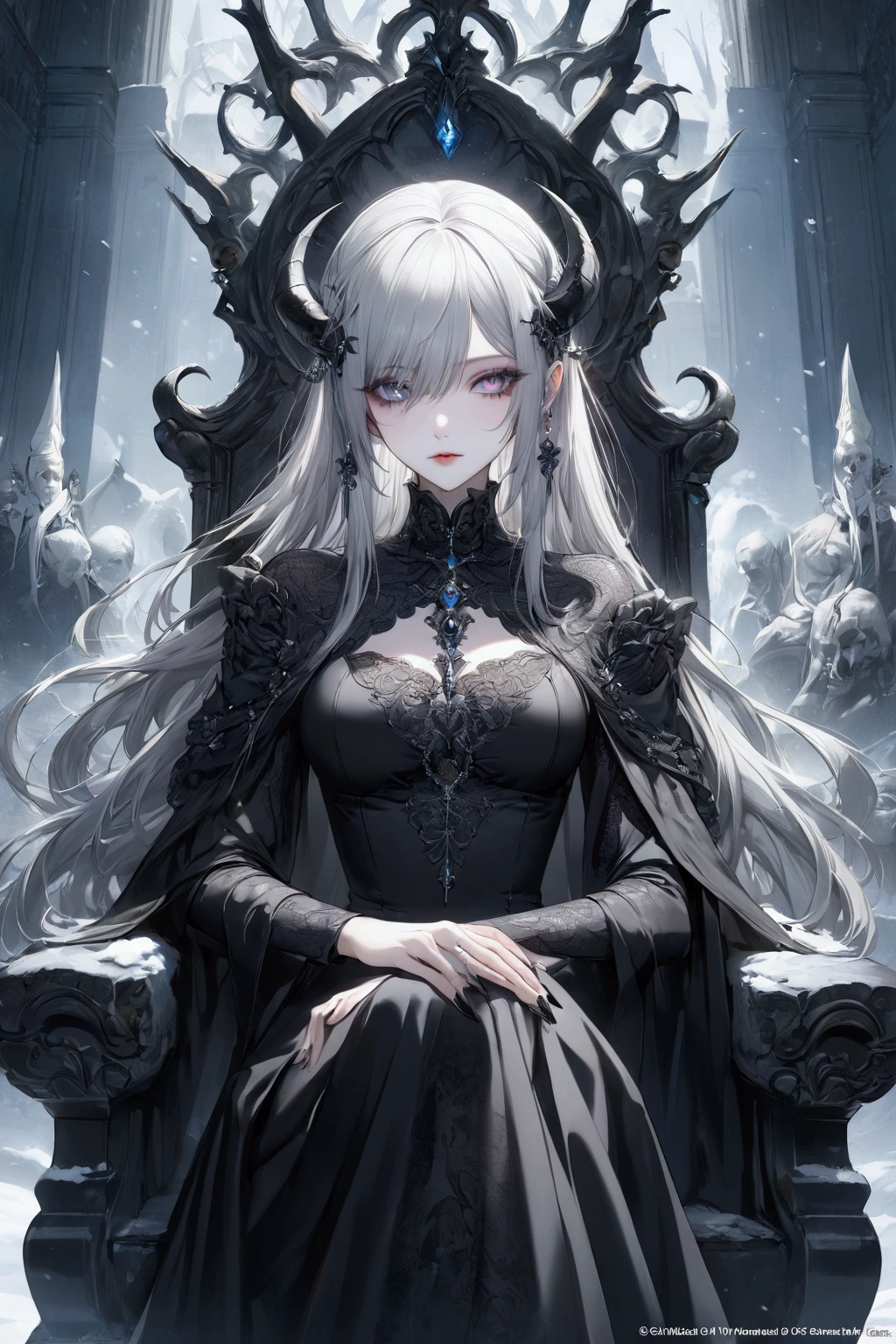 masterpiece, best quality, (extremely detailed CG 8k wallpaper unit), (best quality), (best illustration), (best shadow), realistic lighting(8k image), detailed fingers, detailed hands, detailed body, mermaid, white, white hair with a black lock, long hair, large breasts, heaving, inside the sea, dark environment, shipwreck, black bra, red eyes, red lips, dark gray tail,  air bubbles in the background, queen's crown on head, chained neck