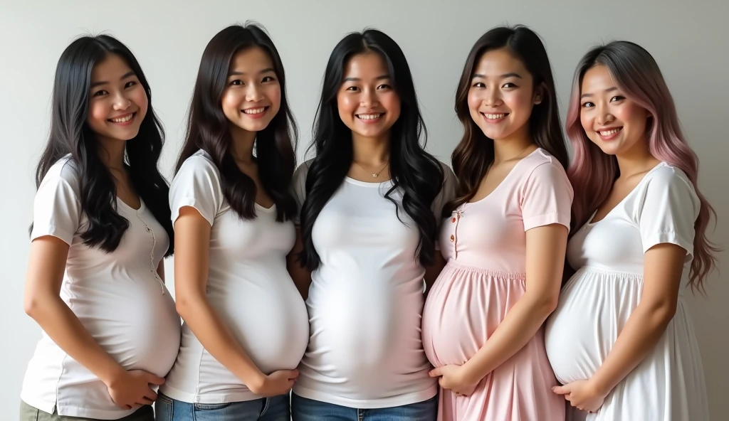 Five beautiful female students: the first is a Thai female student, 18-19 years old, wearing a Thai school uniform; the second is a Lao female student, 18-1, wearing a Lao school uniform; the third is a Japanese female student, 19-20 years old, wearing a Japanese school uniform; the fourth is 20-2, wearing a South Korean school uniform; and the fifth is 20-2, wearing a Taiwanese school uniform. They are all pregnant, standing and taking pictures, smiling beautifully.