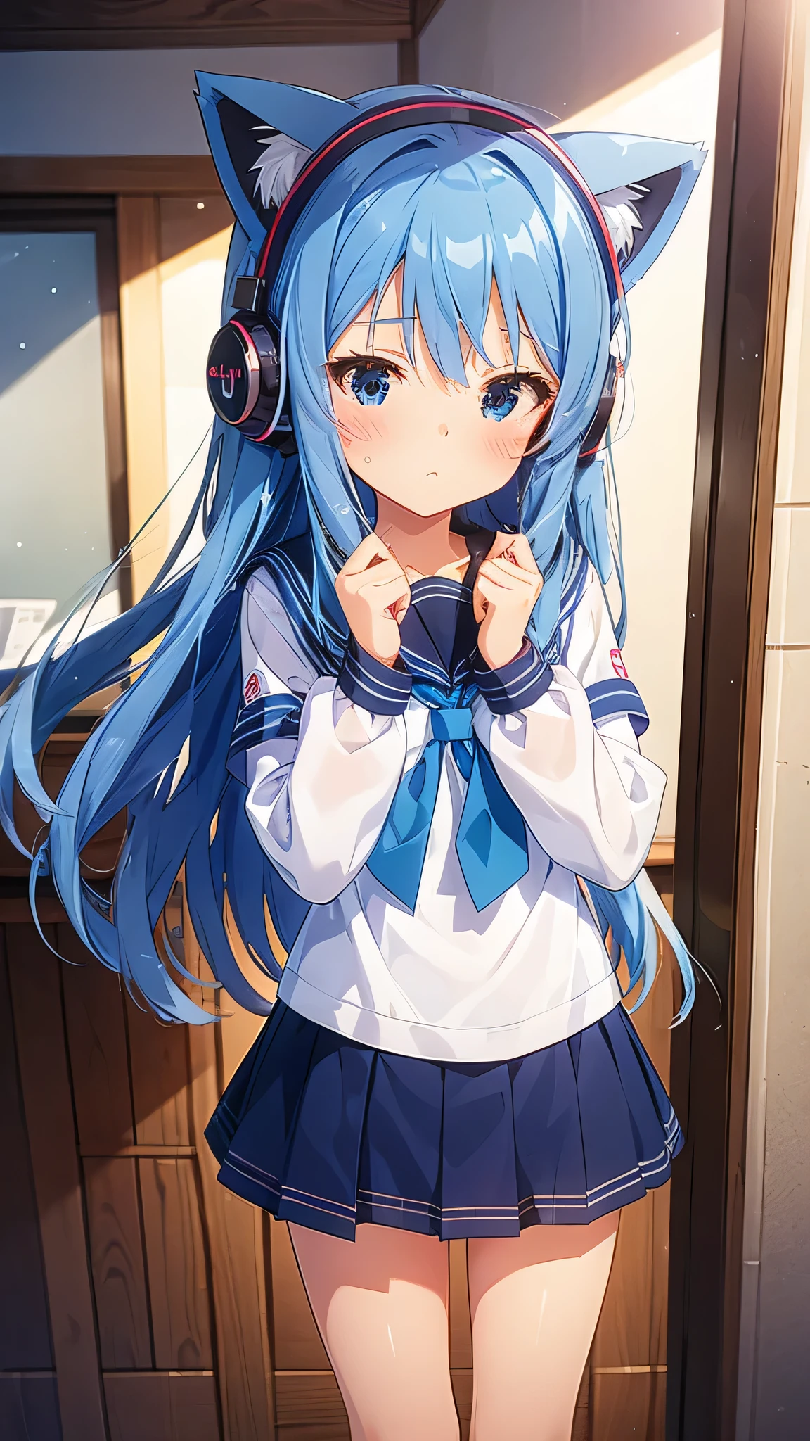 1 girl, High resolution, Long hair, blush, blue eyes, blue hair,  Navy school uniform Reflection light, , hood, blush, The best quality, cat ear headphones, 