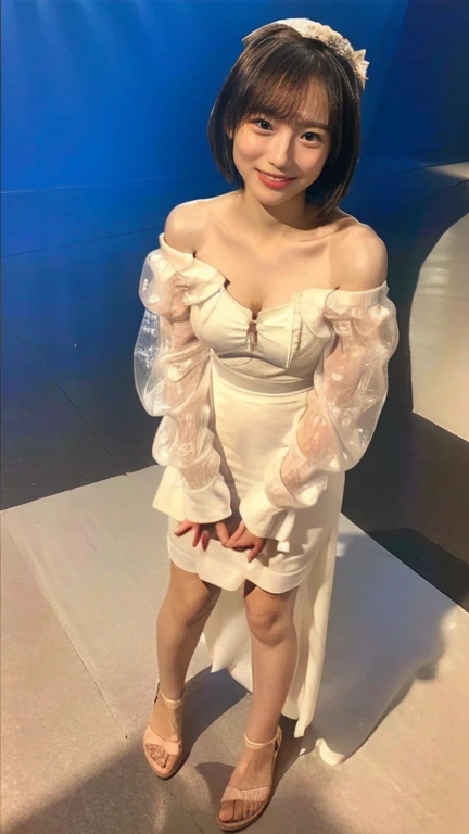 ((Highest image quality, outstanding details, ultra-high resolution, realism: 1.4)), 1beautiful girl, twenties, ((arrogant expression)), sitting on a vivid color cozy couch, open legs, soft light, white latex bunny-girl costume,a bit chubby,