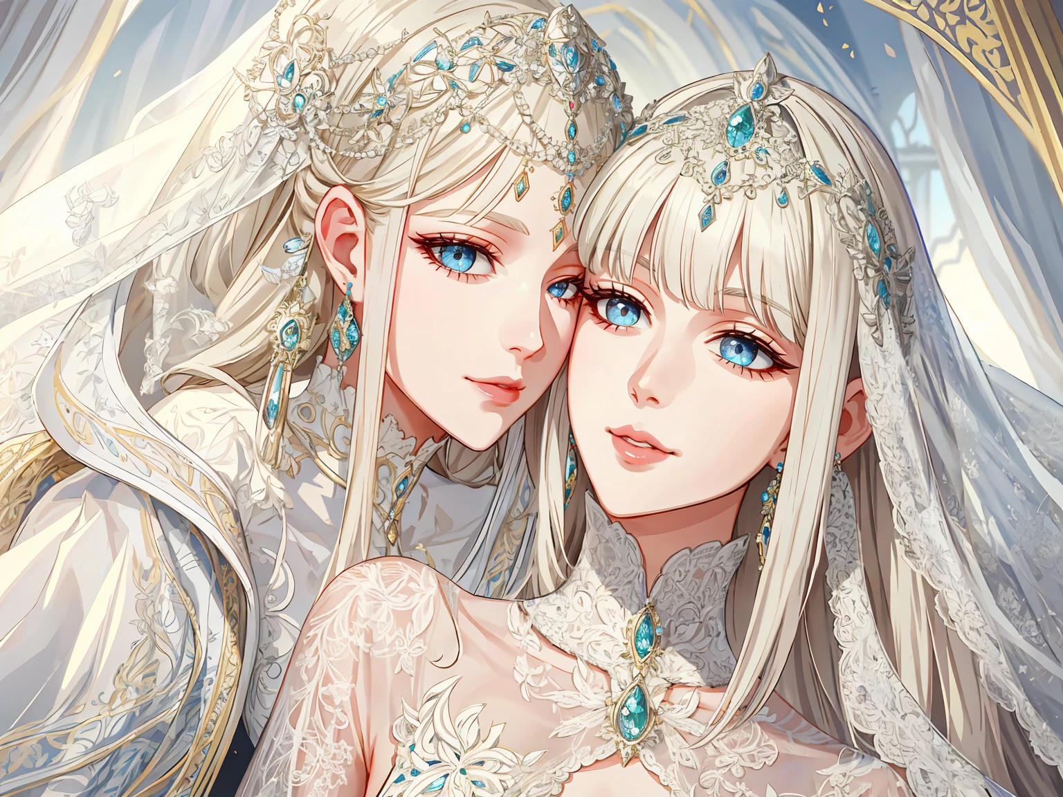 shoujo-style, (floral background, romance manhwa), 1girl, blonde hair, solo, long hair, flower, dress, tiara, white dress, gloves, long sleeves, choker, green eyes, mascara, makeup, white gloves, black bow, black flower, wavy hair, bow, bra, jewelry, looking at viewer, white background, collarbone, puffy sleeves, silver accessories, upper body, parted bangs, very long hair, blue dress, frills, bangs, closed mouth, detailed eyes, sparkle