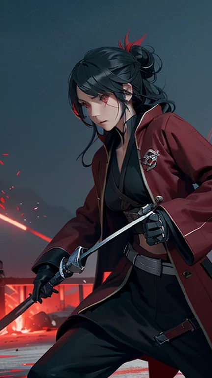 The assassin, a woman, with wavy hair, wears a long black coat, a red vest, and black pants, accessorizes with gloves and boots, holds two blue-bladed knives, stands in a fighting stance, and stares at the camera with determination. The overall atmosphere is intense and dramatic,