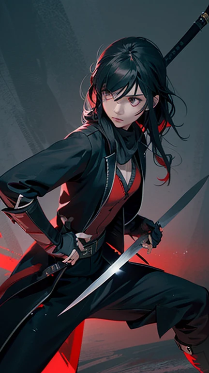 The assassin, a woman, with wavy hair, wears a long black coat, a red vest, and black pants, accessorizes with gloves and boots, holds two blue-bladed knives, stands in a fighting stance, and stares at the camera with determination. The overall atmosphere is intense and dramatic,