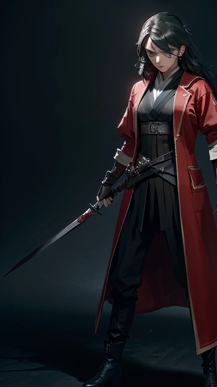 The assassin, a woman, with wavy hair, wears a long black coat, a red vest, and black pants, accessorizes with gloves and boots, holds two blue-bladed knives, stands in a fighting stance, and stares at the camera with determination. The overall atmosphere is intense and dramatic,