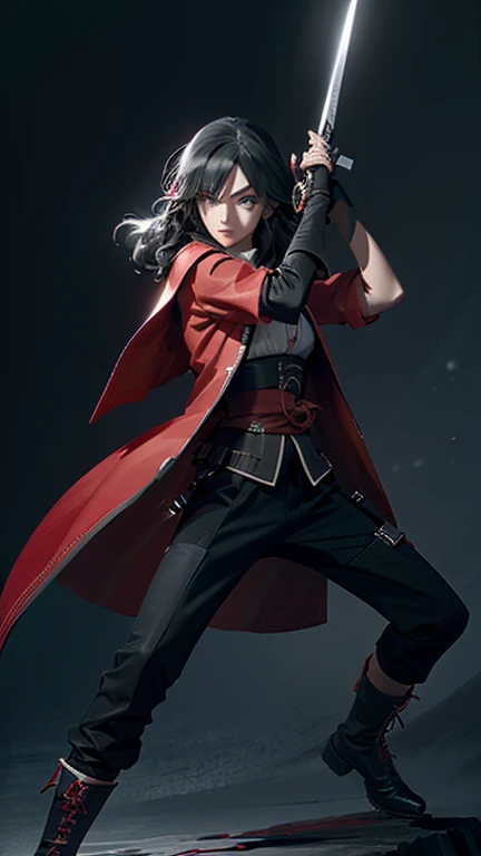 The assassin, a woman, with wavy hair, wears a long black coat, a red vest, and black pants, accessorizes with gloves and boots, holds two blue-bladed knives, stands in a fighting stance, and stares at the camera with determination. The overall atmosphere is intense and dramatic,