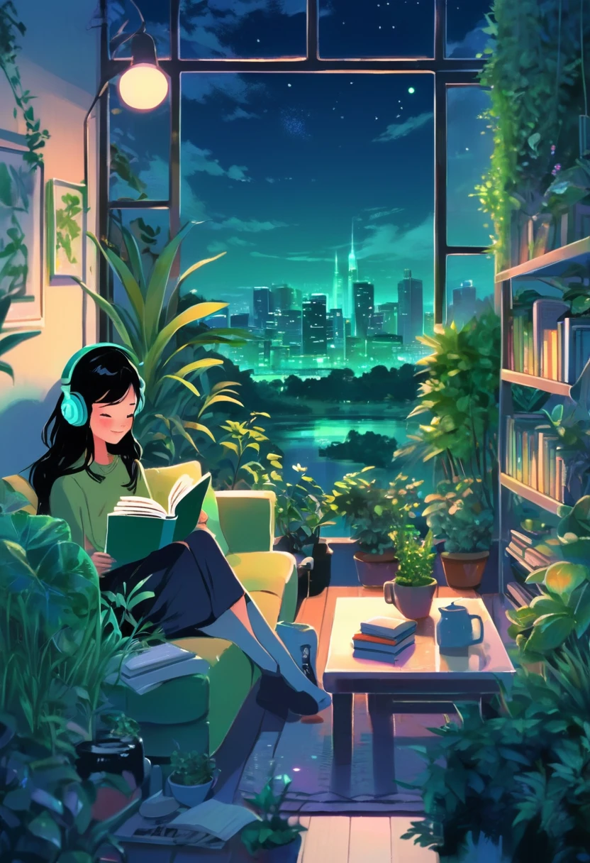  overview, A fl whimsical, thin line art, flat color illustration, ((high quality)), midnight, kawaii girl, long black hair, sitting a sofa, cozy living room, A holding a book. headphones is filled with various green plants and has a warm, inviting atmosphere. A can of soda and a stack of books rest on a small round table in front of him. outdoor garden over the skyline midnight, river