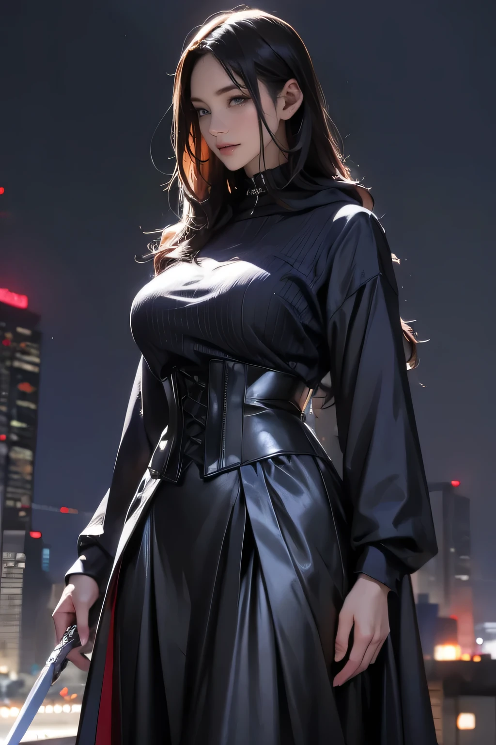 Wearing a long-sleeved, structured black hooded outfit, Corset-style waist. Her hair is long and tied back.. She stands confidently on the roof、holding a sword in his right hand。. The night cityscape、It features illuminated skyscrapers and blurry lights., Creates a dramatic and focused atmosphere. The side lighting accentuates the contours of her outfit.、It emphasizes her calm demeanor.。.