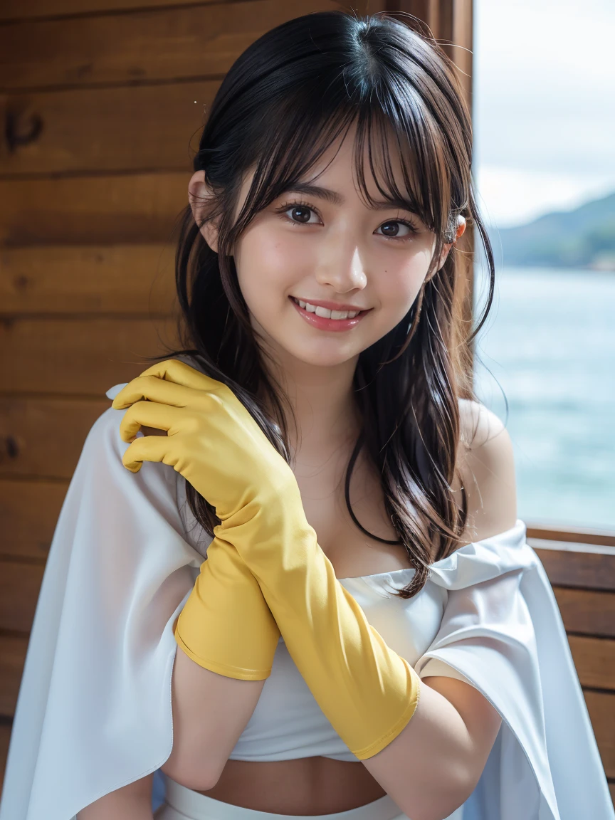 (8k, RAW Photos,Highest quality, High resolution:1.1), (Ultra-realistic:1.4),(Realistic, Realistic:1.3),The Beauty of Japan、1 person、((smile:1.2))，Seaside、(Close-up of a woman)、((Depiction of only the upper body))、Medieval city, Sage (dq3), White Dress, Circlet, Yellow gloves, belt, Cape, boots,Exposing shoulders,((White panties)),Twin tails:1.2、I have a mango:1.2