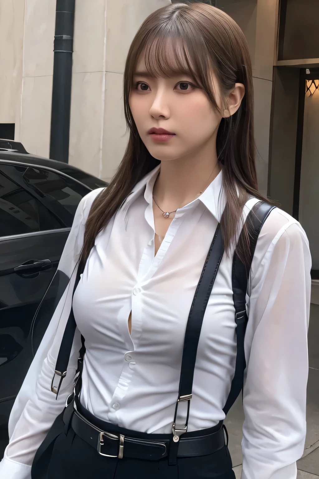 a woman in a suit, belt, hands behind back, sweating, suspenders, black pants, sexly, large breasts, see-through clothing, rain, detective, office worker, white button-up shirt, (best quality,4K,8k,highres,masterpiece:1.2),ultra-detailed,(realistic,photorealistic,photo-realistic:1.37),hyper-detailed,highly detailed face and body, Slender　thin　suspenders　Moderate breasts　See-through shirt　Nipples　holster　chain　Pistol　Armament　criminal　Female criminal　knife　japanese　profile　Japanese women　arrested handcuff　belt beside顔　beside
