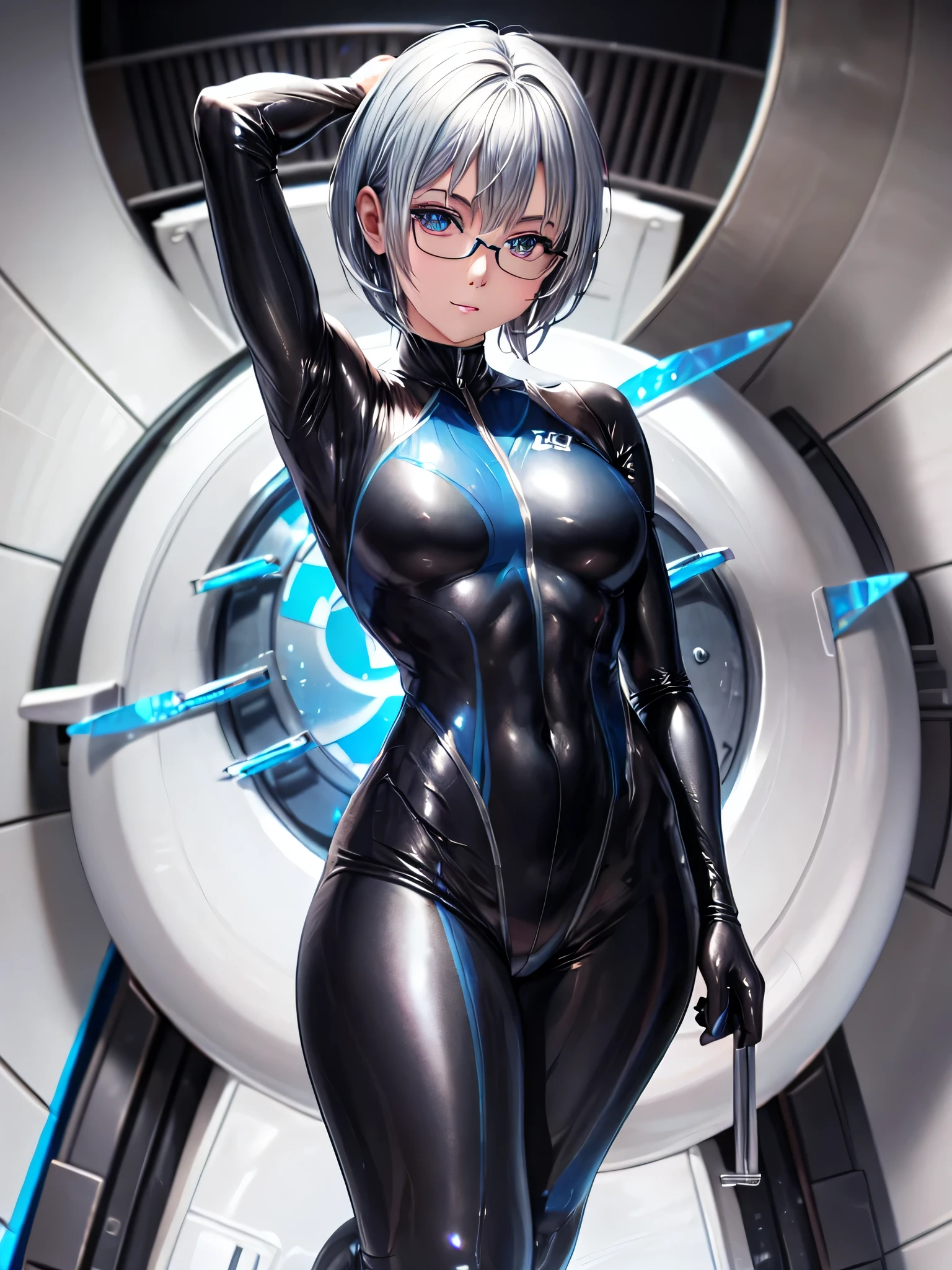 Highest quality 8K UHD、Mastepiece、Close-up、short hair、Muscular、Blue Eyes、Silver Hair、Glasses、Leg spread、A beautiful woman wearing a sleek all-black metallic suit、Full body black metallic rubber suit