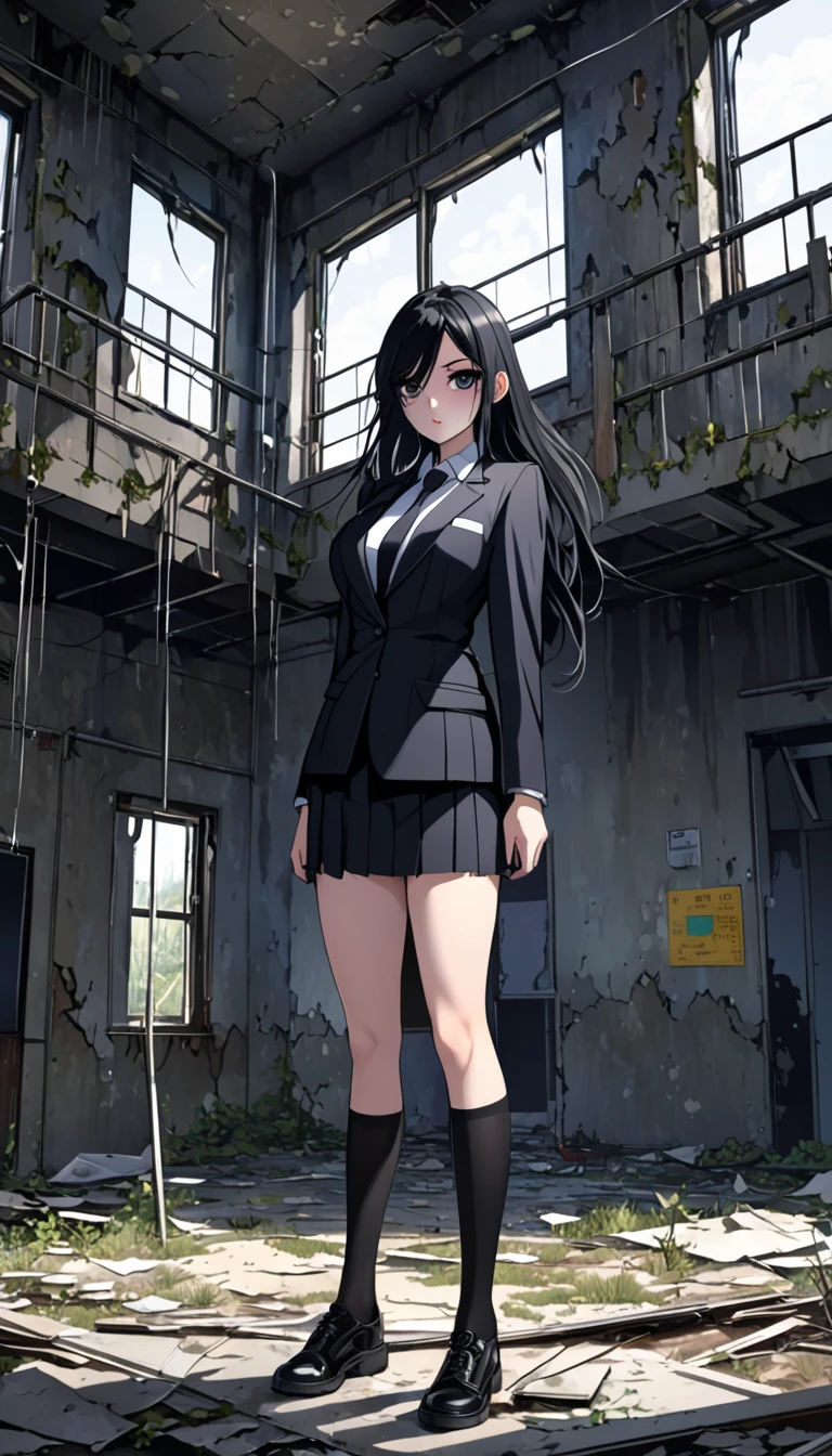 Highest quality、One woman, age 26、Policewoman、Black Hair、Long Hair、Hanging eyes、Dark Eyes、Black clothing、suit、Tight Skirt、Over the knee socks、stand、Inside an abandoned building