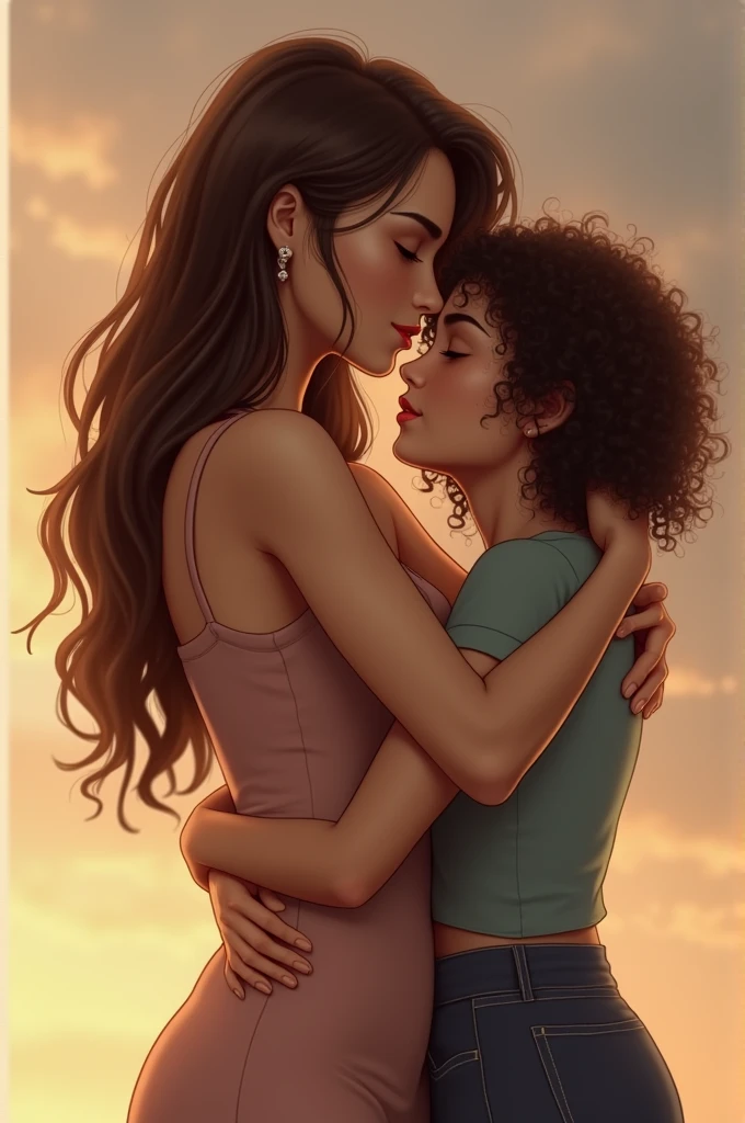 Create a brunette woman named taila, with beautiful body, curly hair, hugging a boy named Andrew,skin fair, with the haircut " Mullet ", the two people with