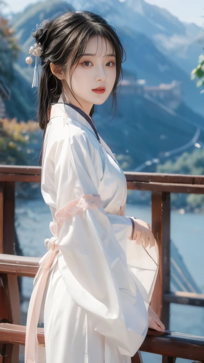 best quality, masterpiece, high resolution,1 girl,pretty,Chinese clothes, 1 [[[[Close-up cleavage]]]], [[[[breast]]]], [[[[Cole]]]], [[[[Shoulder]]]], Perfect eyes, Perfect Iris，Perfect lips，Perfect Teeth，Perfect skin，Fair skin，Soft headlight，HDR，Movie Girl，White Chinese clothing，Hanfu，Long sleeve，A long white skirt，Smile，The background is Mount Immortal，Mountains，Fall，flowing water，Small bridge，4K ultra HD, 超high resolution, (Reality: 1.4), best quality，masterpiece，Super dilution，（Pastel colors：1.2）
