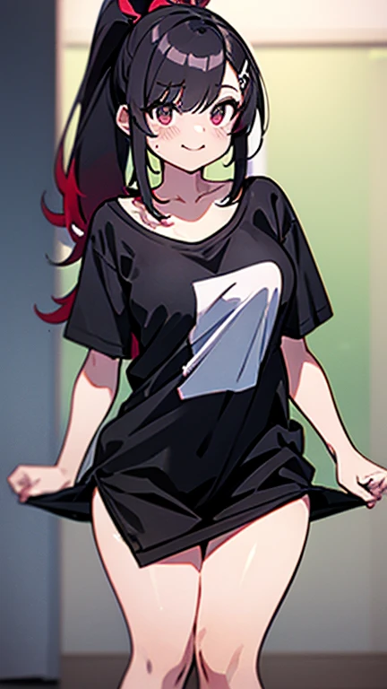 High tail hairstyle,  ponytail hairstyle, Ponytail hairstyle,white hair, Long wavy black hair, standing posando, anime girl style, pixel art anime style,penetrating look with deep eyes,red and purple eyes, hair with a ponytail hairstyle trapped with a big red bun, women, red hair clips, x color shaped hair clips , smiling face blush, next to his bed, Black hair, thighs grandes, NSFW, from below, neckline, looking at the viewer, lascivious smile, ((oversized t-shirt)), off the shoulders, without pants, washing machines, thighs, ((White T-shirt)), standing, hands on the hips,Hair down to the back 