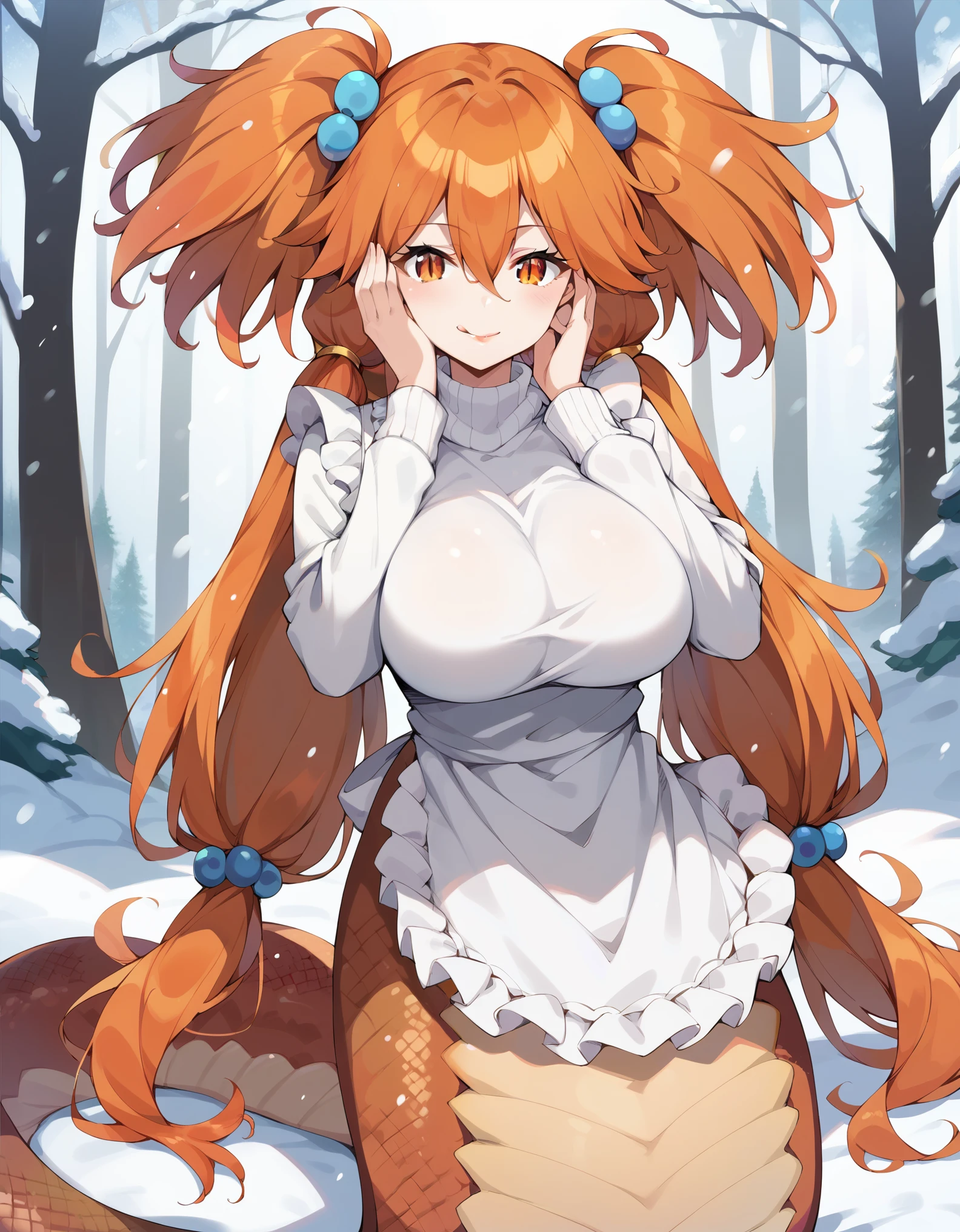 masterpiece, score_9, score_8_up, score_7_up, source_anime, best quality, extremely detailed, 1girl, milf, solo, monster girl, (lamia:1.3), koleda, huge breasts, ((((orange hair), long hair, two-side up, low twintails, hair between eyes, orange eyes))), orange lips, (((turtleneck sweater, long sleeves, frilled apron, very long skirt))), ((naughty smile), closed mouth, licking own lips), ((hands on own face, forest, winter, snowing))