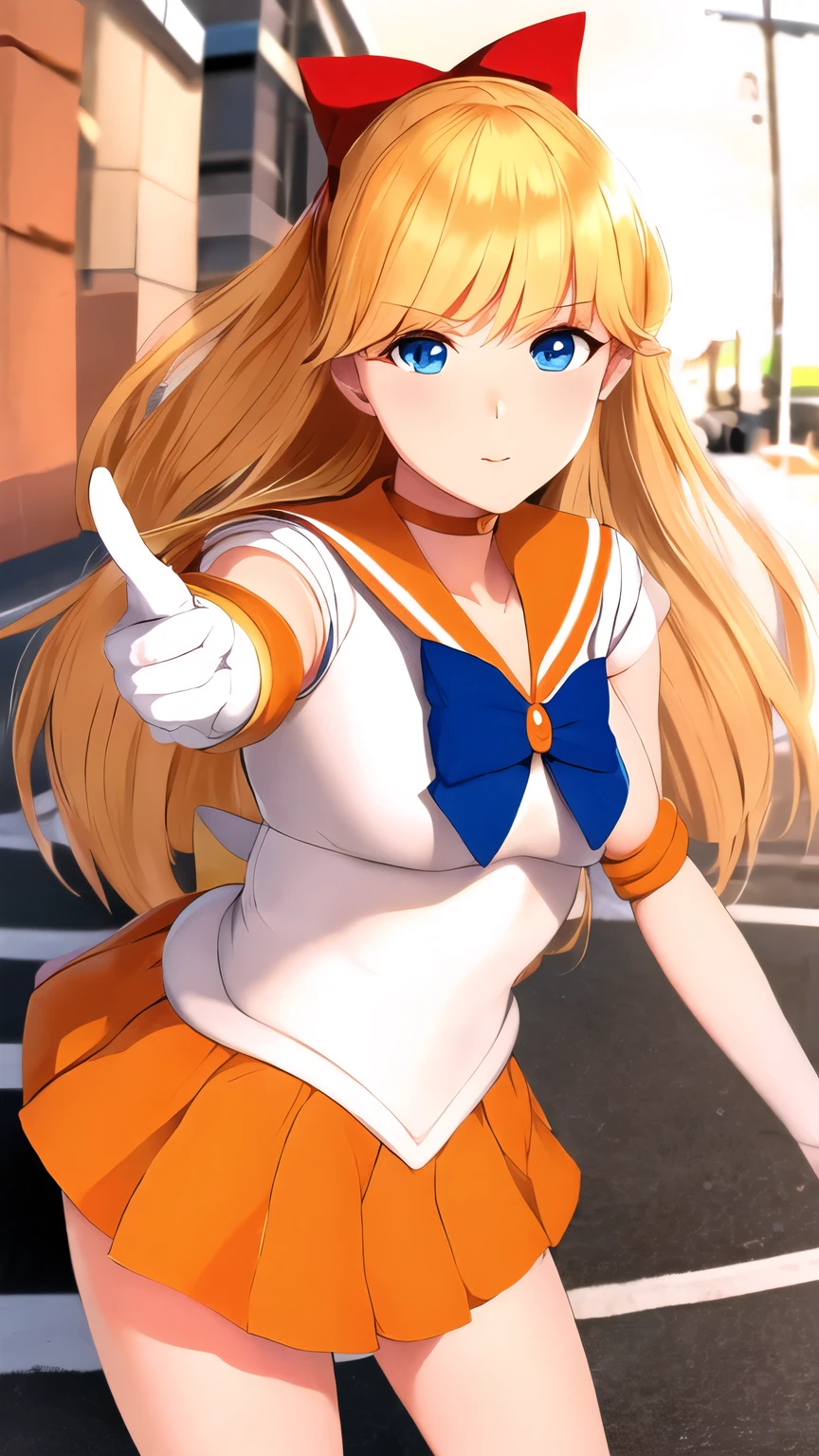 masterpiece, highest quality, High resolution, SV1, sailor warrior uniform, orange skirt, elbow bag, tiara, pleated skirt, mini skirt, red bow, orange choker, white gloves, jewelry, outdoor, street, cowboy shot, leaning forward, point to the viewer,fisheye lens