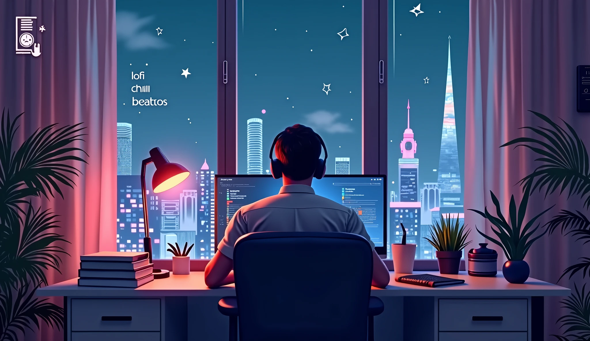 There is a man sitting at a desk with a computer - SeaArt AI