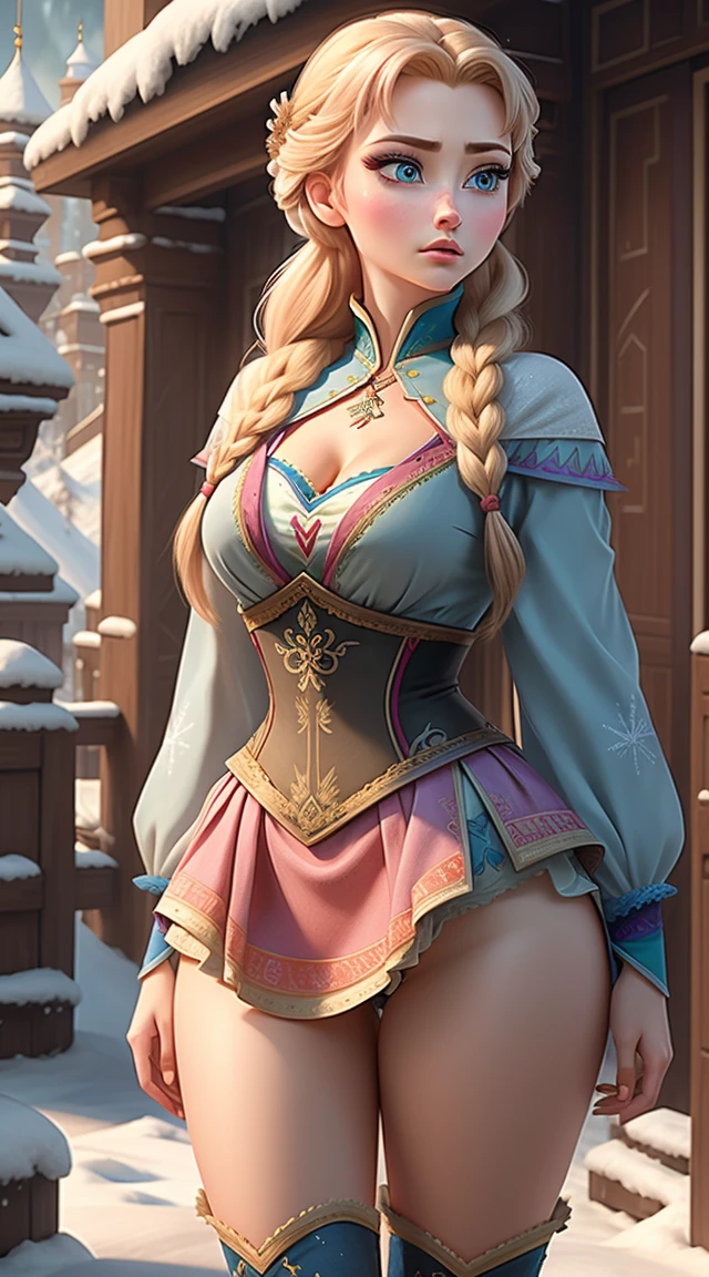 obra prima, melhor qualidade, 1 girl, princesa Anna, Frozen, exaggerated breast, nips visible under the shirt,  stockings with suspender, in the snow