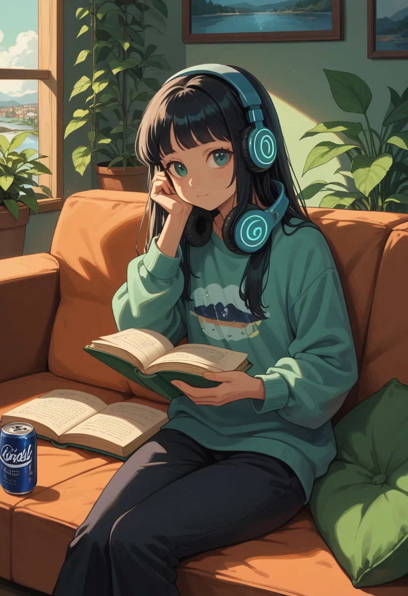  overview, A fl whimsical, thin line art, flat color illustration, ((high quality)), midnight, kawaii girl, long black hair, sitting a sofa, cozy living room, A holding a book. headphones is filled with various green plants and has a warm, inviting atmosphere. A can of soda and a stack of books rest on a small round table in front of him. outdoor garden over the skyline midnight, river