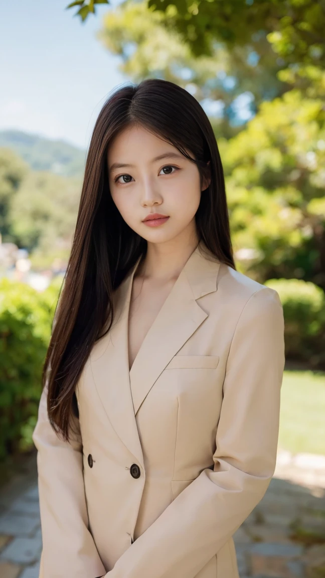 Japanese woman in her early 20s。thin eyebrows and long eyes、High nose、Small Mouth。With bob hair、Brown Hair。In formal attire、Standing facing forward。The background is a natural park landscape。Natural light and soft atmosphere。