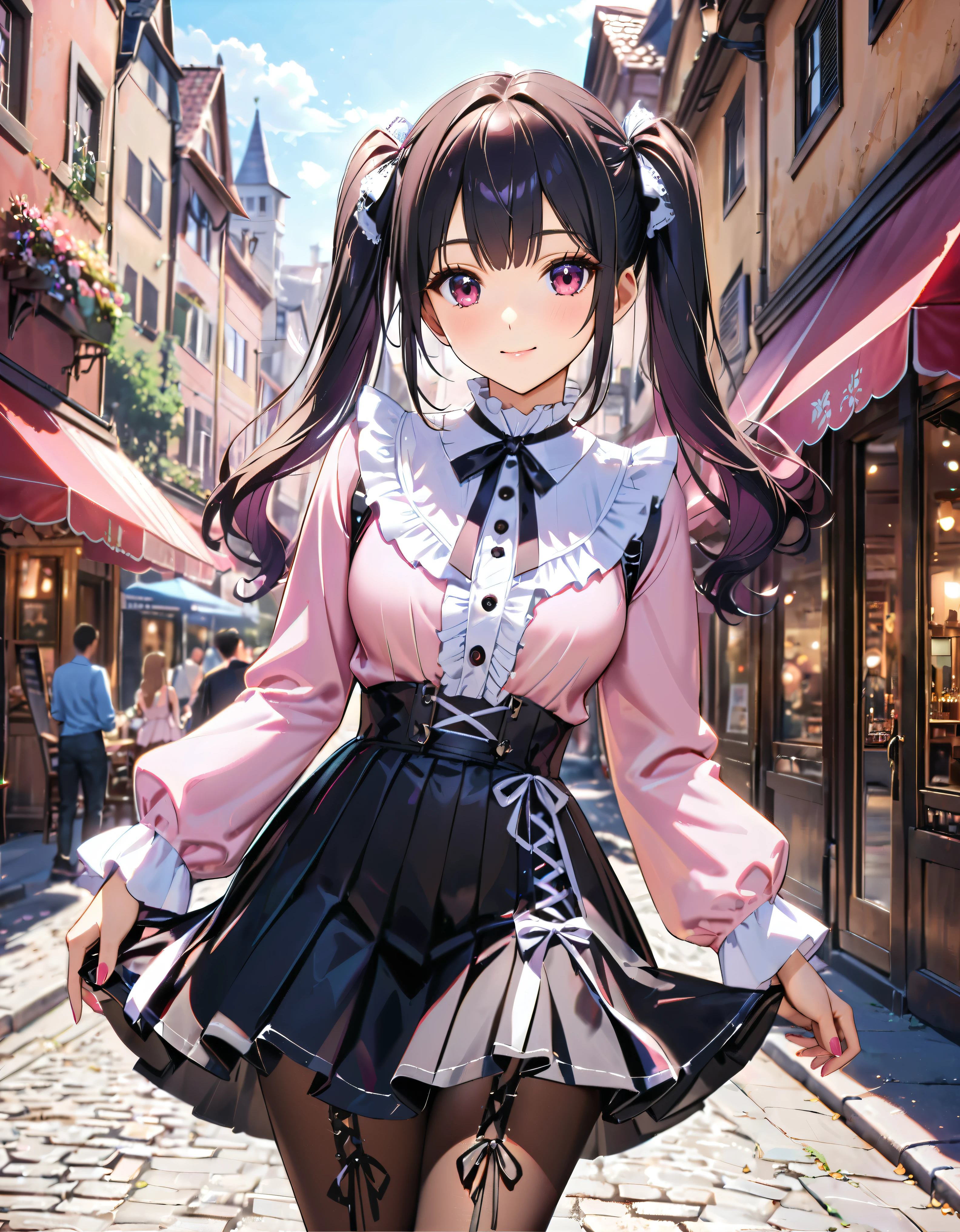 (((blouse pink blouse))), (frilled shirt with black ribbon and lot of frills), (cute lace-up pleated skirt with ruffles:1.2), (lace-up skirt, skirt black skirt:1.2), jirai kei costume, head tilt, anime girl, teen girl, cute, very cute, (hair black hair, fluffy middle twintails:1.2), pantyhose, hyper detail face, hustle and bustle at the town, shallow depth of field, blurry background, boke, cinematic shadows, (((Masterpiece, top quality, Spectacular Quality, Distinguished Quality, ultra detailed, ultra high res, unity 16k, 32k, ultra photo realistic, reality, hyper realistic))), 