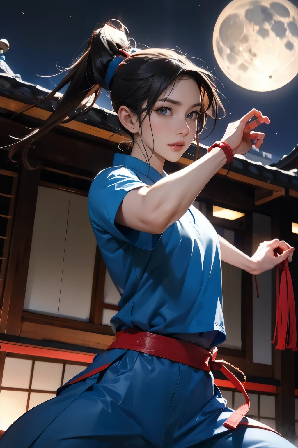 A warrior with a concentrated expression, He is wearing a blue martial arts uniform with a red belt., Holding a sword and a shuriken. The figure has long hair tied in a high ponytail.、Wearing a headband. The stage is、Night cityscape with traditional Japanese architecture and a full moon in the background, Create a dynamic and intense atmosphere. Light comes from the side, Cast a dramatic shadow、Emphasizing a determined pose.