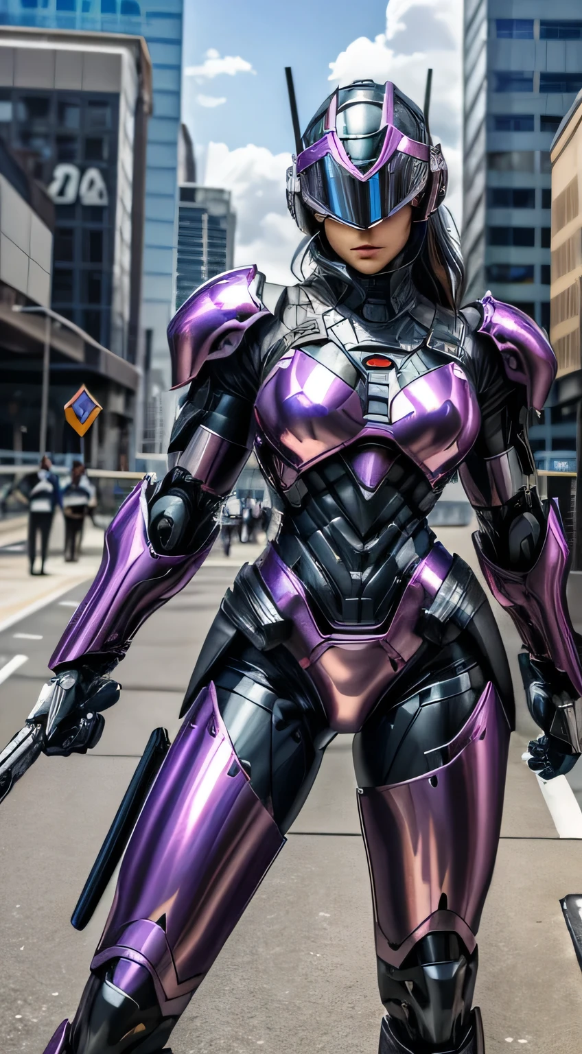 Female Robocop Solo、Bright outdoors、strong light source、8k, high quality, masterpiece, 最high quality, Crisp contrast、Very detailed、full body armor、Very large armor、Helmet covering the head、Clear photos、The eyes are pale, Translucent Straight Goggles.:1.3、The lower half of the face is raw々Shii:1.5、The lower half of the face is exposed、Seductive lips、Purple metallic armor、black accent color、Armor that completely covers the chest、length, Thin legs、Vibrant Posello Body View,Big and ample breasts:1.8, (Sports Body:1.5)、Five Fingers、Hold a gun、In the city