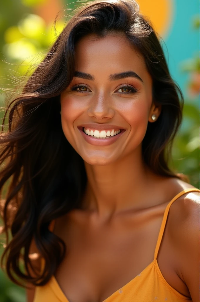 A Brazilian girl The girl in the images has a delicate and graceful appearance. She has fair to medium skin with a smooth, fair skin tone that adds to her overall elegance. Her face is heart-shaped, with soft, rounded features that give her a youthful and approachable appearance. Her hair is long, dark, and straight, reaching down past her shoulders. The deep black color contrasts beautifully with your skin tone. In both images, her hair is down, framing her face naturally, with a slight center parting that adds simplicity to her style. His eyes are large and almond-shaped, with dark, expressive and well-defined eyebrows. Her gaze is gentle but thoughtful, giving her a contemplative expression in the first image, while in the second image, she is smiling, showing a warm and friendly demeanor. Her eyelashes are long, accentuating her eyes. She has a small, straight nose and well proportioned face. Her lips are full and naturally pink, with a subtle smile visible in the second image. The shape of your lips adds softness and overall femininity.
