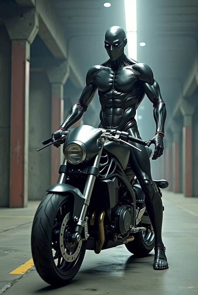 The Terminator walks with a determined gait along the wide avenue,he has clothes made of steel, Jacket, trousers, on the head is a steel helmet,gloves, his super-motorcycle stands to the side,fantasy, 3D