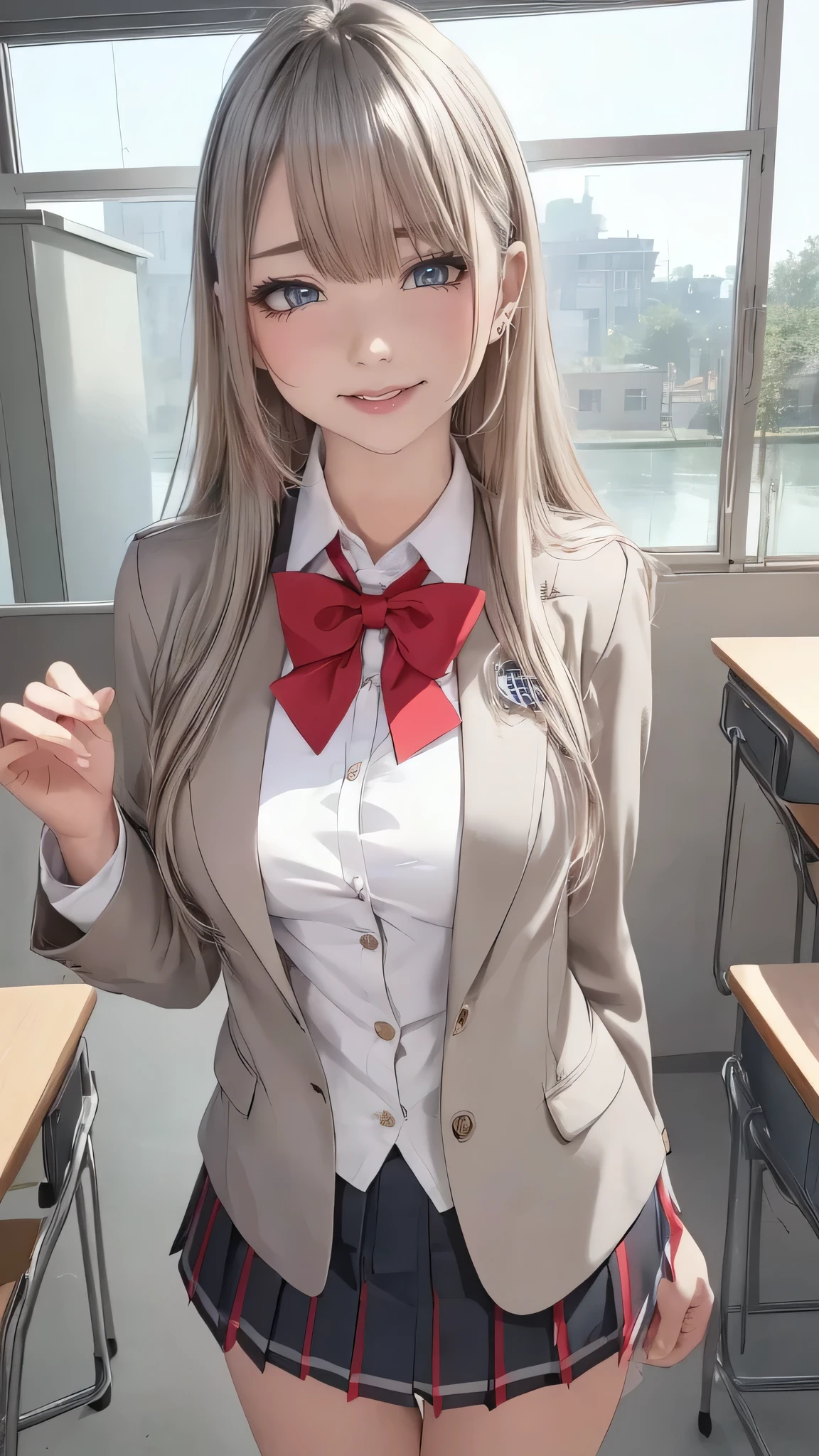 (masterpiece:1.2, top-quality), (realistic, photorealistic:1.4), beautiful illustration, (natural side lighting, movie lighting), nsfw, 
looking at viewer, 1 girl, japanese, high school girl, perfect face, cute and symmetrical face, shiny skin, 
(middle hair, straight hair, silver hair), hair between eyes, dark red eyes, glowing eyes, big eyes, long eye lasher, (medium breasts), slender, 
beautiful hair, beautiful face, beautiful detailed eyes, beautiful clavicle, beautiful body, beautiful chest, beautiful thigh, beautiful legs, beautiful fingers, 
((fumizuki academy school uniform, wain-red school blazer, white collared shirts, grey pleated mini skirt), dark blue bow tie), 
(beautiful scenery), evening, (school classroom), standing, (lovely smile, upper eyes), 