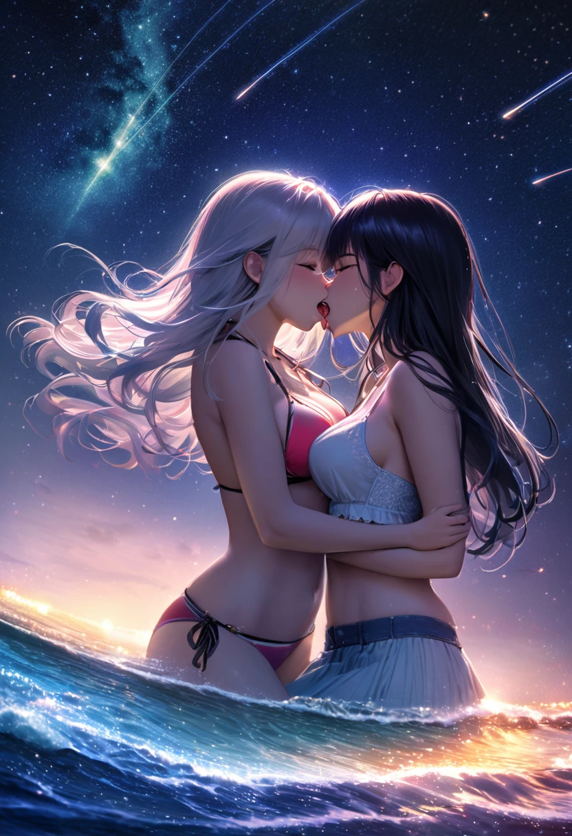 photorealistic, couple in bikini, female and female couples hugging each other as the starry sky sparkles, (french kiss:1.5), (medium breasts:1.5), Capture the moment of exchanging kisses. The scene is depicted in an anime-inspired style, meticulously drawn in every detail and presented in 16k high resolution. The lighting is fantastic, with the intersection of starlight and moonlight, softly illuminating the couple. The colors take advantage of the contrast between the vivid colors of the bikini and the deep blue and white of the starry sky. near nthe shore, isolated shore, light of a town far away in the horizon, For compositions, use a medium telephoto lens and make sure the couple is centered on the screen. , shooting stars, detailed facial details