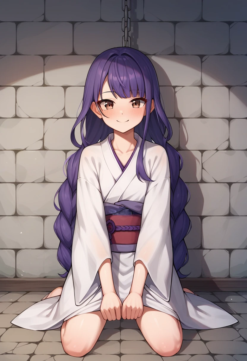 score_9, score_8_up, score_7_up, score_6_up, score_5_up, score_4_up, source_anime, 1girl,lora:raidenshogun1-000009:1>, raidenshogundef, upper body, worth, full body, cry, wall, purple hair, long hair, brown eyes, w-w-chain, shackles, raise arms, messy hair, kimono, dungeon, best quality, best res, 4K UHD,