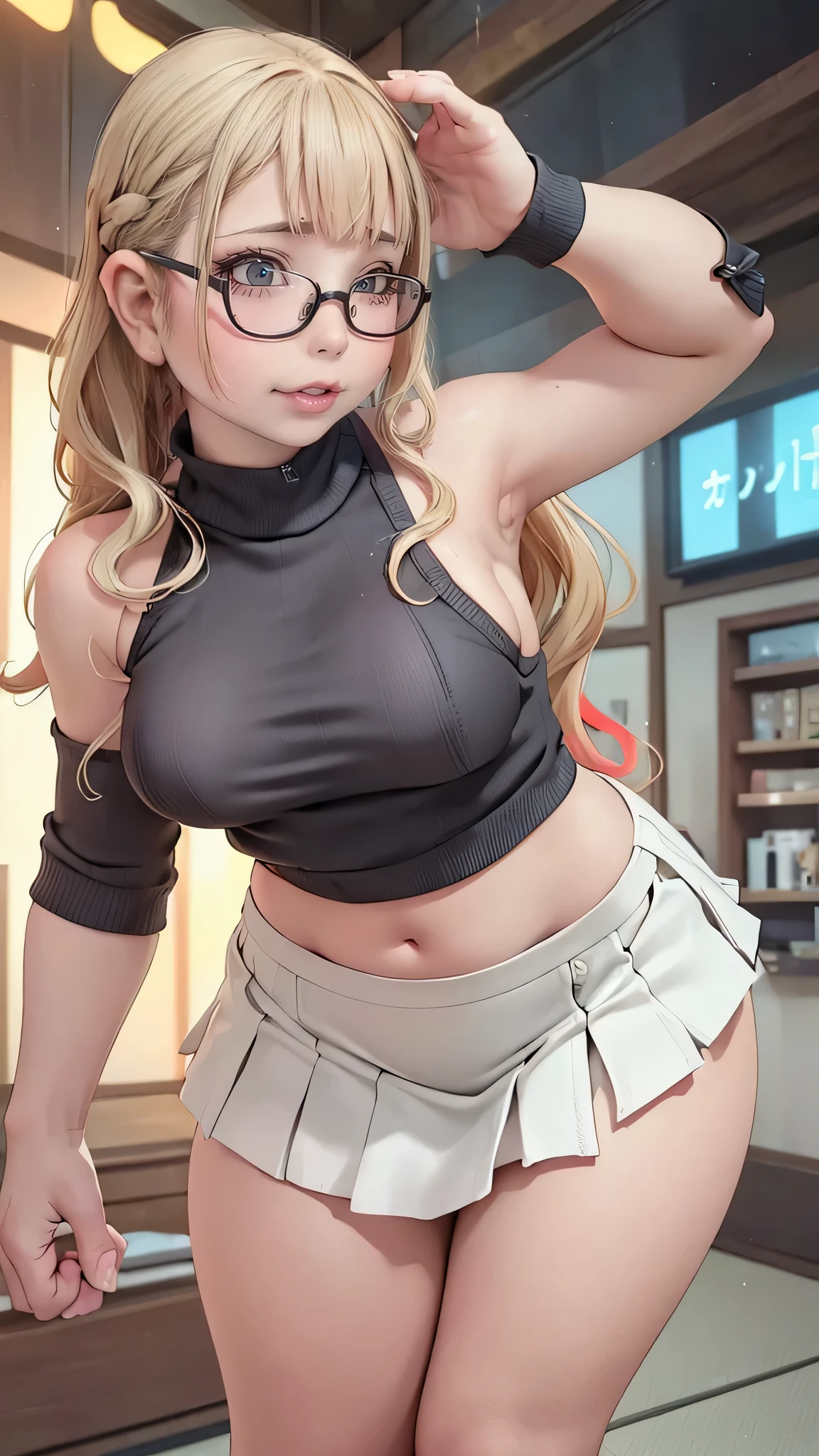 realistic, teenager, little school girl, gigantic breasts, big hips, shaped hips, blonde, pigtails, glasses, in the classroom, pink panties under skirt, tall black socks, open legs, open belly, black choker,