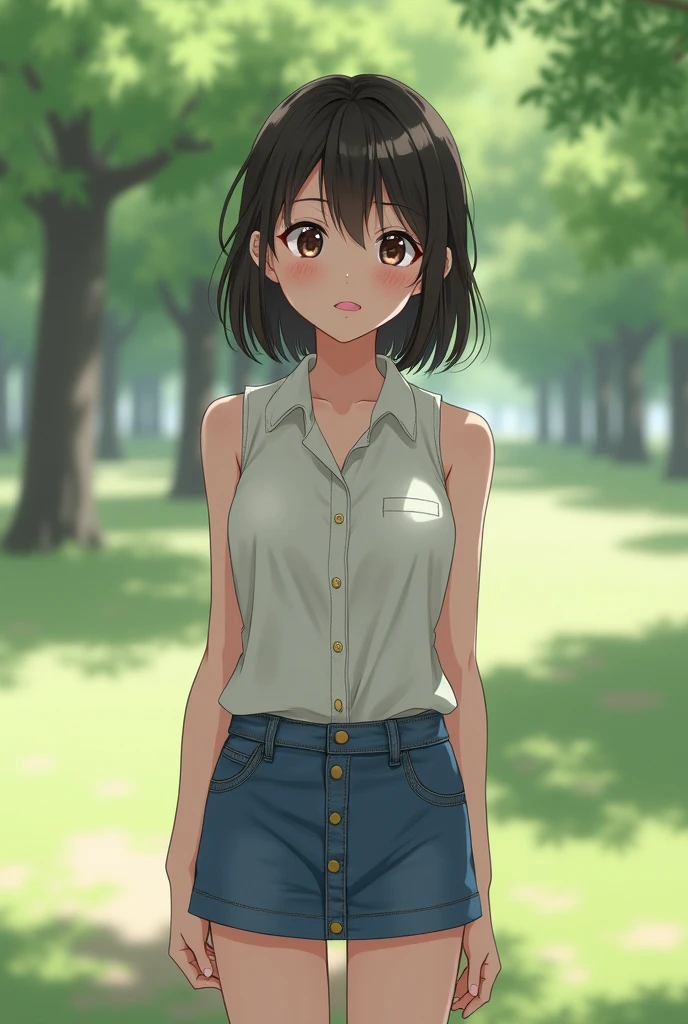 nakahara_misaki、Two-tone shirt、pleatedskirt、plein air、a park、、murky、Lonely、Blue theme、mournful、Eyes of the Sky、looking-down、The tree、Benches、sitted、Panties are visible、