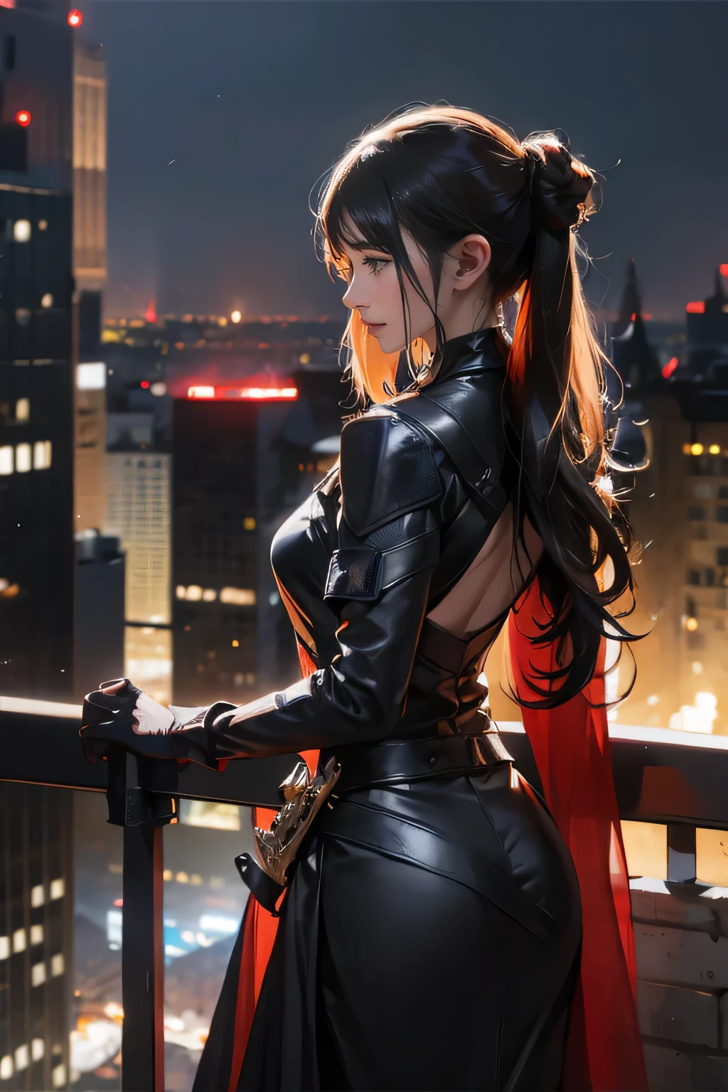 Woman with long hair, night、A woman with tied back hair stands on a city rooftop, gazing at a cityscape. She is wearing black tactical gear, Put on gloves and a harness, He carries a sheathed sword on his back.. In the background、It shows blurry city lights and skyscrapers., Enhance the dynamic and tense atmosphere. The scene is lit with a soft light, NightCity lights spreading across the sky, Creates a mysterious and action-packed atmosphere.