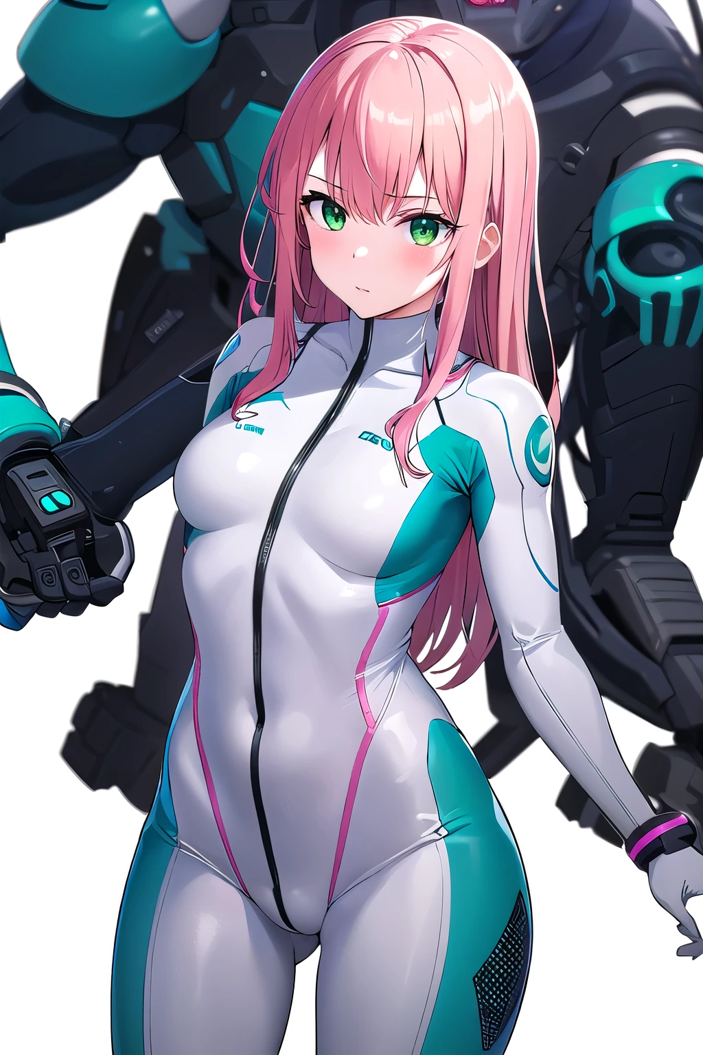 1girl,Samus aran,solo,green eyes, pink hair, forehead hair, zero suit ,purple stripes,cowboy shot,blush,,Science fiction,ultra-detailed,sharp focus,aesthetic,(best quality), white background