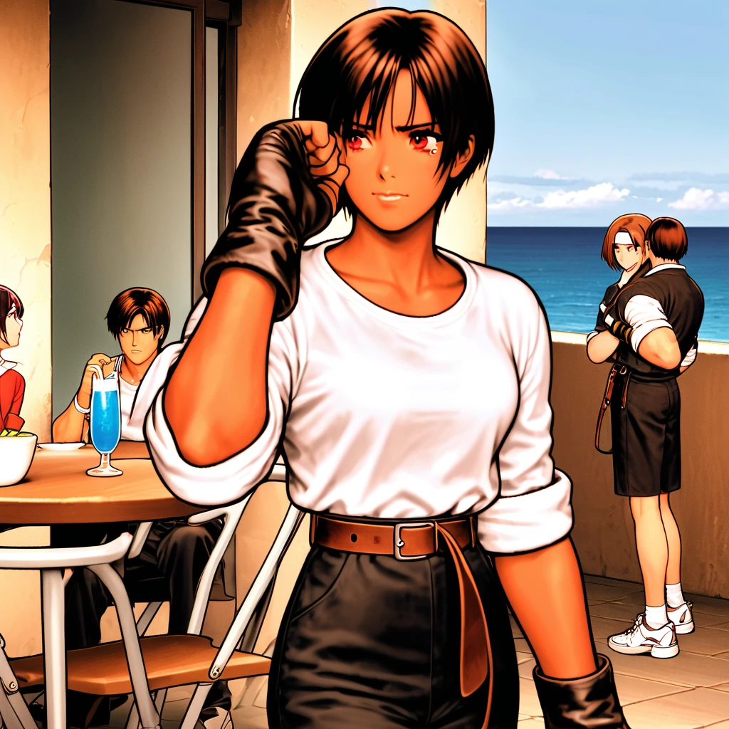 woman,Tears,Wiping tears,short hair,Dark hair,Dark Skin,Red eyes,（（black jacket with sleeves rolled up））,Fingerless gloves,White T-shirt, （（White headband））,Black trousers,White shoes,Brown belt,cute,Indoor Party,Charm Points,Ocean View,Slightly large chest,Outdoor,high quality,good looking,Confident sad face,Classmates on the terrace(One girl and one boy)be worried about,The mood after a breakup,Sit on a chair,