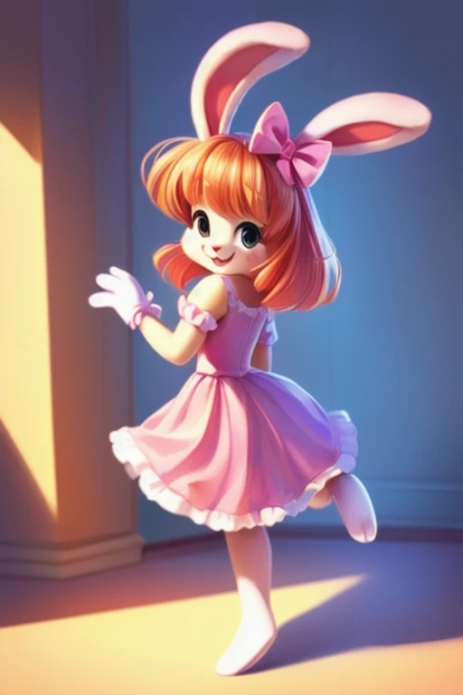 playful, happy expression, animated bunny character, pink dress with large bow, pink hair accessory, short and styled orange hair, wearing gloves, dynamic pose, standing on one leg, playful body direction, looking back with a smile, cute and whimsical atmosphere, warm indoor lighting, soft shadows, front view, shallow depth of field, well-balanced exposure. Sara rabbit 