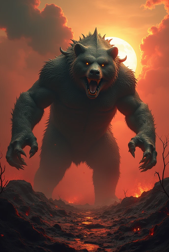 (best quality, 4k, 8k, highres, masterpiece:1.2), ultra-detailed, realistic:1.37, intricate details, high definition, vivid colors, particle effect, (full body), solo, 1boy, nude, naked, (slit), gray bear, gray skin, grey face, right arm and hand are of the dragonborn race, short-legged bodyvirile, fat, plump, chubby, hairy, hirsute, long hairy all over the body, realistic hand, realistic feet, scars all over my body, shoulder tattoo, chest tattoo, tattoo heavy, sky blue eyes, Unhappy expression, unhappy eyes, sharp teeth, The fangs are very long