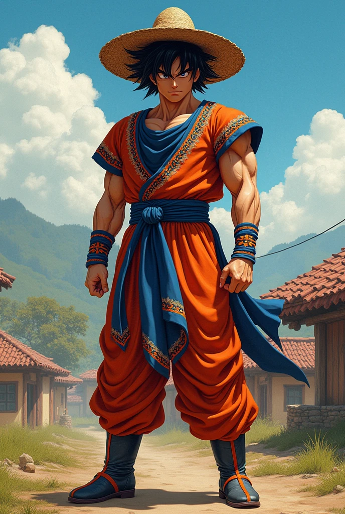 Mighty warrior known as Son Goku, clad in his iconic blue and red gi, stands boldly with hands on hips, imposing aura surrounding him, aura of strength and determination, clear sky with sun setting behind, dragon balls scattered at his feet.