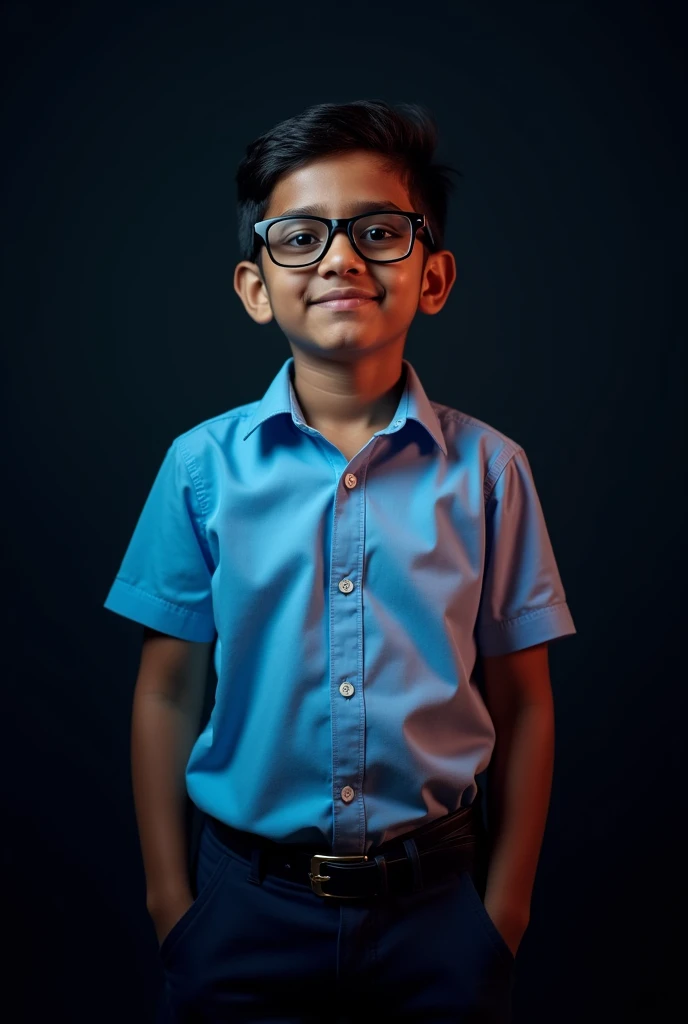 A 2 Nepali boy with not long black hair is wearing a formal outfit and is posing for a LinkedIn photo. The background is dark. The photo has a red light filter.