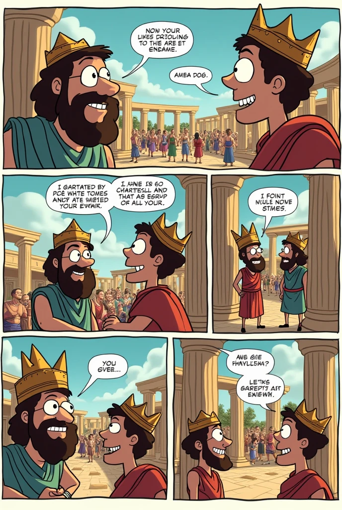 Create a funny illustration of a aged man standing back turned with fully naked bum, without wearing a single garment, proudly before a crowd, wearing no garment but only a crown, with his arms raised in a gesture of triumph. The crowd looks on in disbelief, while a young boy stands in front, pointing directly at the king, highlighting the absurdity of the situation.