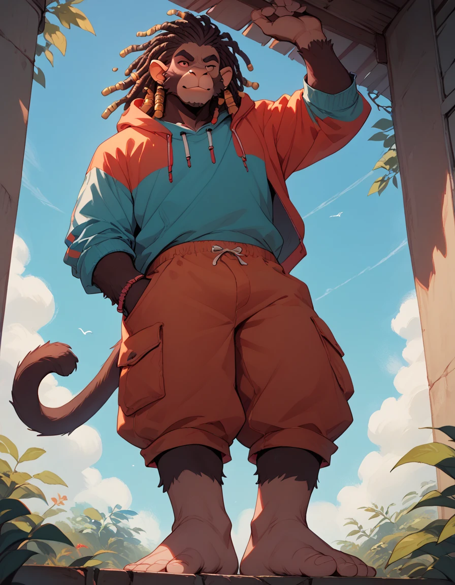 furry, male, monkey, dreadlocks  hair, doing parkour, barefoot, sole visible, low angle view