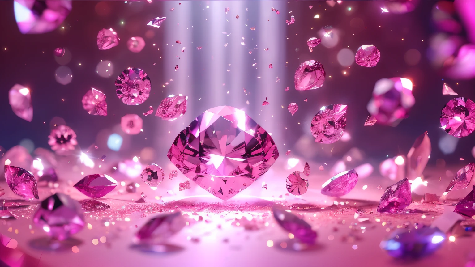 master piece, high quality, clean background booth, scattered pink diamond, very flash, crystal clear, emitting colorful light, star powder, center composition, split lighting, creative background design, front view, surreal scene, natural rendering, fantasy