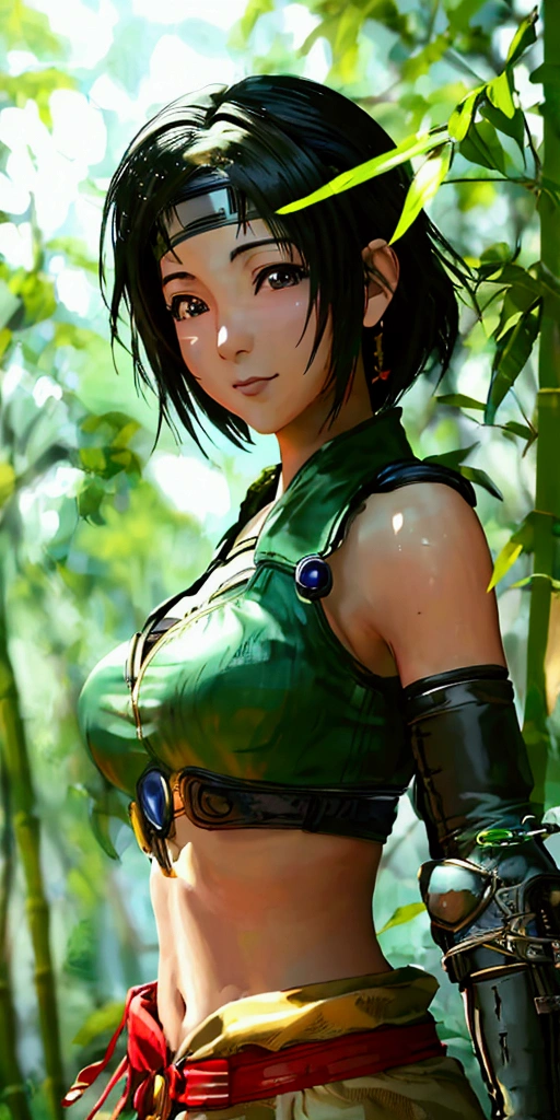 (((masterpiece))),((Highest quality、masterpiece、anime style、best quality、high resolution、8k、detailed、ultra-detailed:1.3)),(((Beautiful one woman:1.3))),((yuffie kisaragi,Black Hair、Shortcuts:1.3)), headband, green crop top, shoulder armor, armguard, fingerless gloves, tan shorts, single thighhigh, fishnets, upper body, looking at viewer, furrowed brow, smug smile, closed mouth, grass, bamboo, sky,sexy pose,(((outdoor))),Daytime